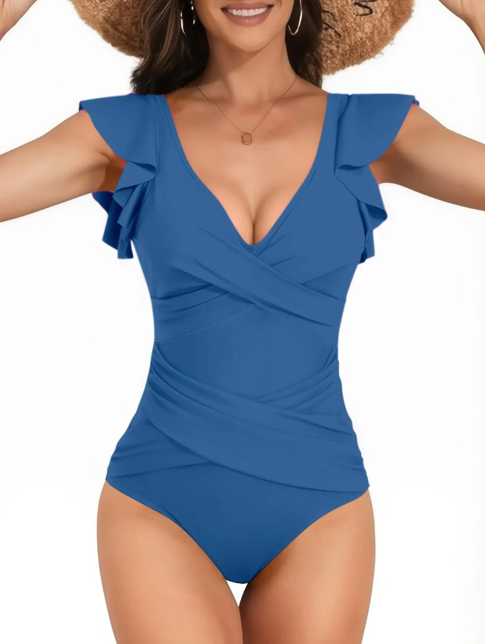 2026 Sexy Ruffle Swimsuit One Piece V-neck Drawstring Swimwear Women Bathers Bathing Swimming Swim Suit Female Beachwear XXL