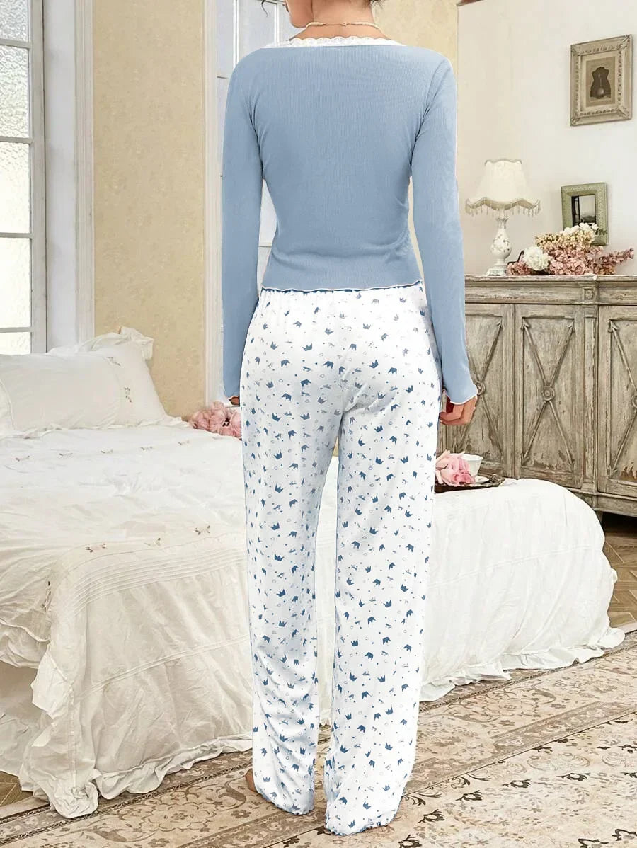 Women Sleepwear  Long Sleeve T-shirt with Long Trouses Set Autumn Winter Pajamas Set Homewear Femme Loungewear