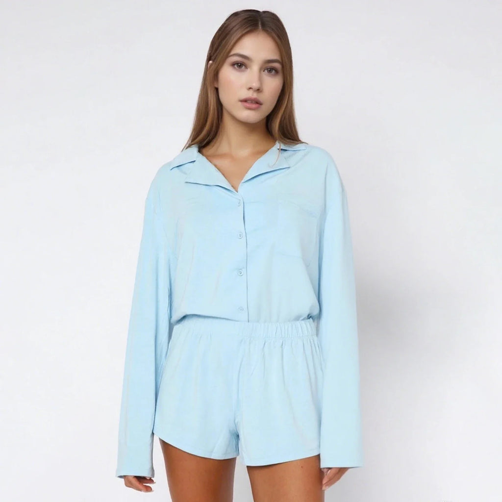 Women Fall 2 Piece Pajamas Set Solid Color Button up Long Sleeves Shirt and Elastic Shorts for Loungewear Soft Sleepwear