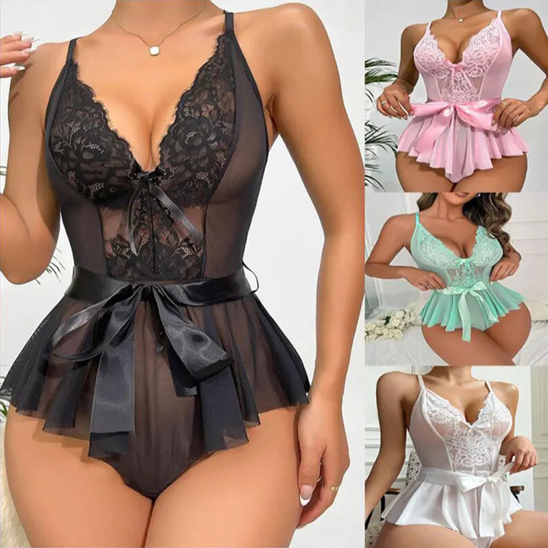 One-Piece Bodysuit Bandage Sexy Women Exotic Black Lace Patchwork Lingerie Bodysuit Back Open Bra Sexy Underwear