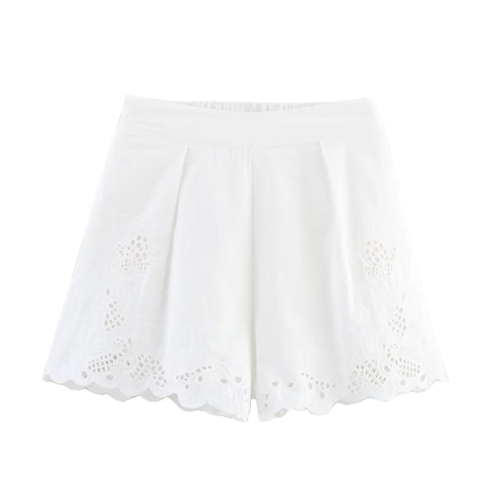 Foridol White Cotton Shorts Set Outfits Women Hollow Out Embroidery Two Pieces Set Outfits Shirt Shorts Matching Set Summer