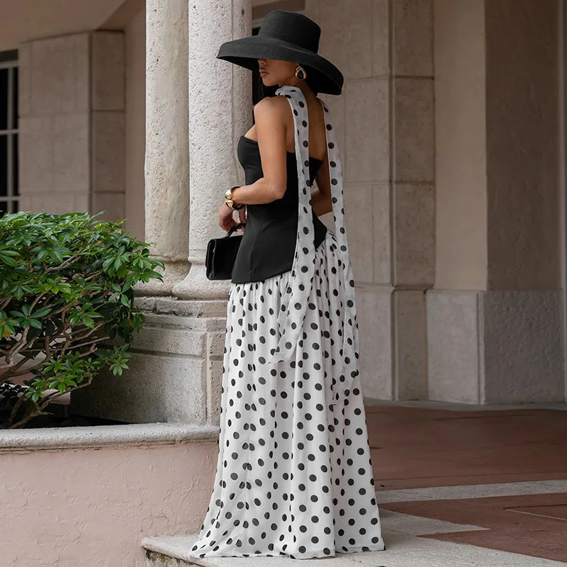 FDYOUI Elegant Bandage Polka Dot Patchwork Evening Dresses Women's 2026 Summer Off Shoulder High Slit Pleated Long Party Dress