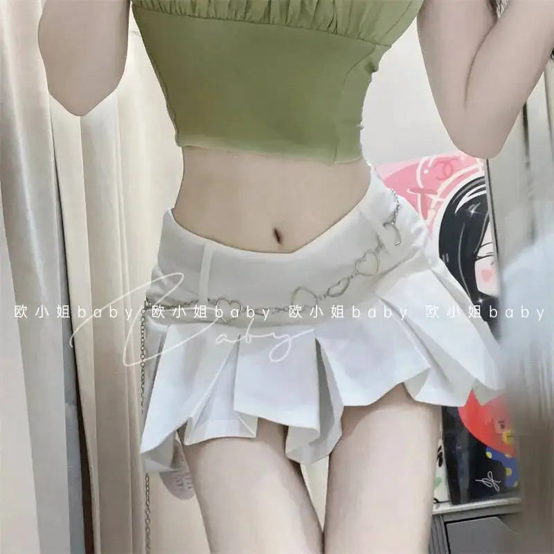 WOMENGAGA Slim Spicy School Girl Uniform High Waist Slim A-line Pleated Pink Plaid Skirt Women's Mini Ultra Short Woemn VA8Z