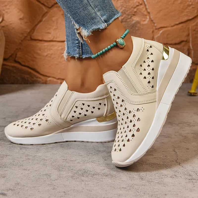2025 New Hollow Out Wedges Sneakers Women Plus Size Pu Leather Thick Sole Loafers Woman Slip On Breathable Casual Shoes Female