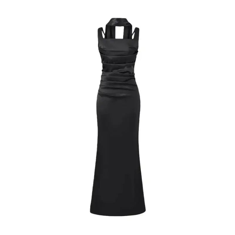 Pure Desire Style Collarbone-revealing Strapless Long Dress Feminine And Slim-fitting With Pleated Waist Tie Straps Bodycon LWIO
