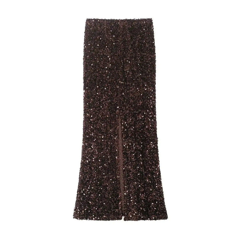 Women's Fashion Sequined Long Dress Womens Brown Sequin Mermaid Maxi Skirt High Waist Bodycon Flare Party Skirt Pure Desire N3OM