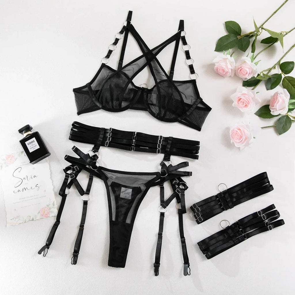 Toucheart Sexy Floral Embroidery Underwear Steel Ring Bra Lace Mesh Sexy Webbing Hollow Waistband Hanging Erotic Lingerie Suit