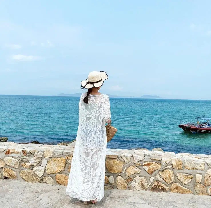 DEKA Women Beach Dress Solid White Lace Beachwear Sun Protection Clothes Knitted Swimsuits Beach Long Cover Up