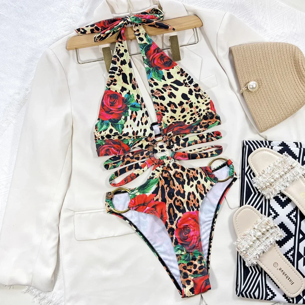 Sexy Rose Leopard Print Metal Ring Swimsuit One Piece Hollow Out Bikinis Swimwear Bodysuits Women Biquini Bathing Suits Tankini