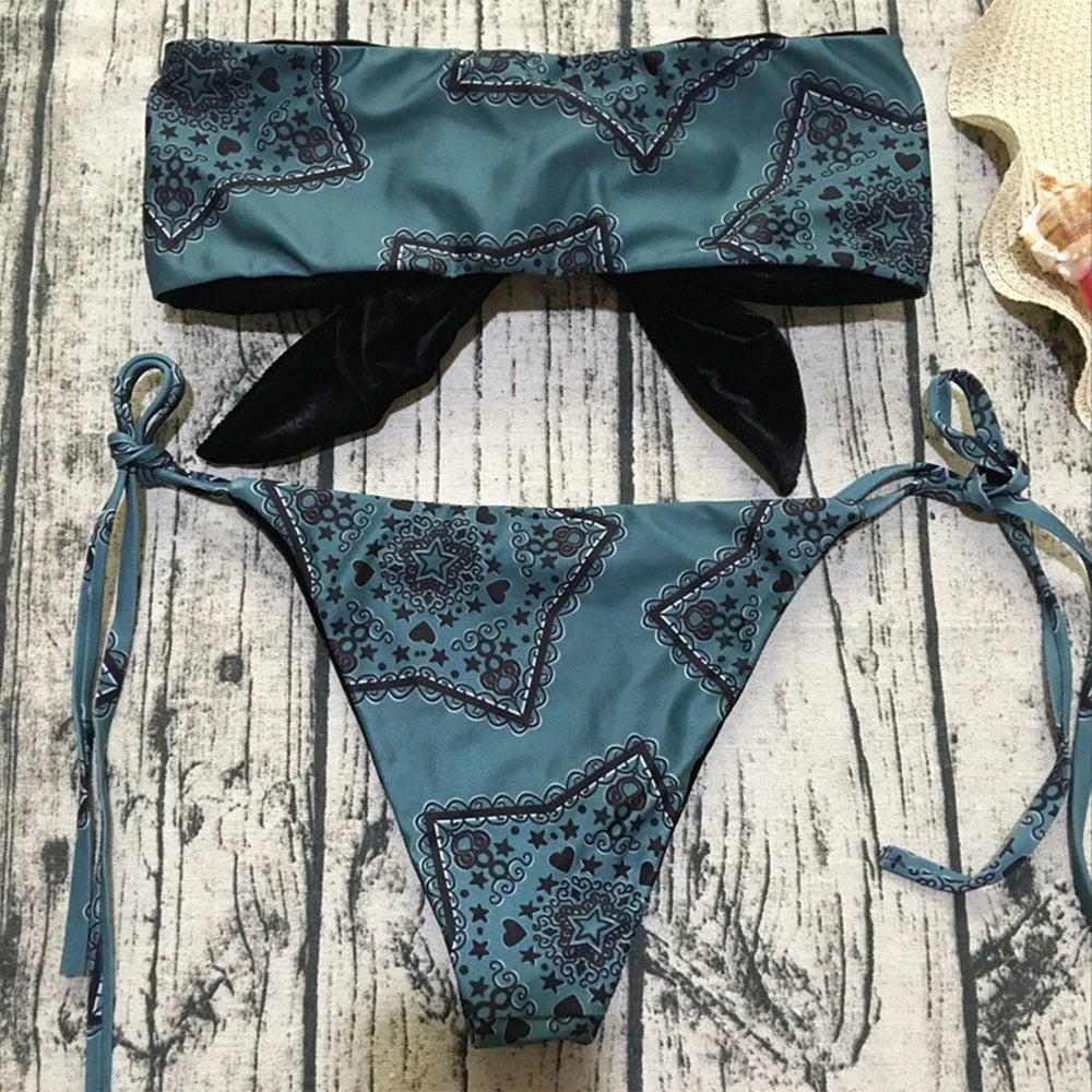 Sexy Printed Bow Knotted Bandeau Bikini 2026 Women Swimsuit Female Swimwear Two Pieces Bikini Set Tie Push Up Bathing Suit Swim