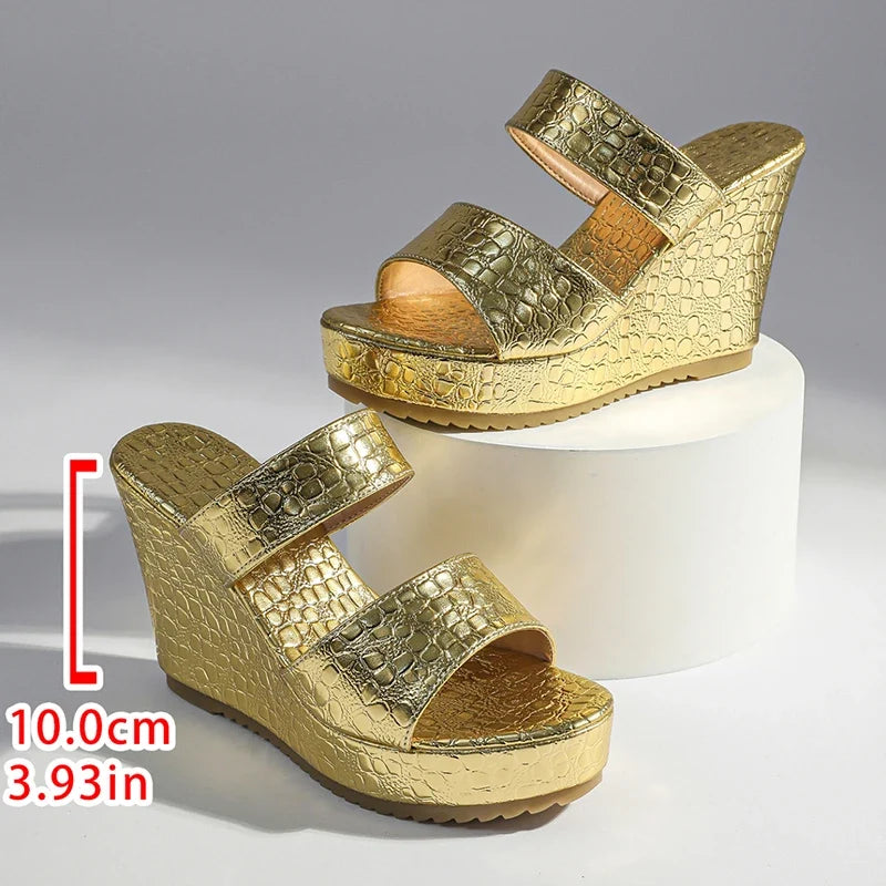 Chunky Wedges Gold Sandals Women Plus Size 42 High Heel Platform Slippers Woman Snake Pattern Pu Leather Summer Sandles Female