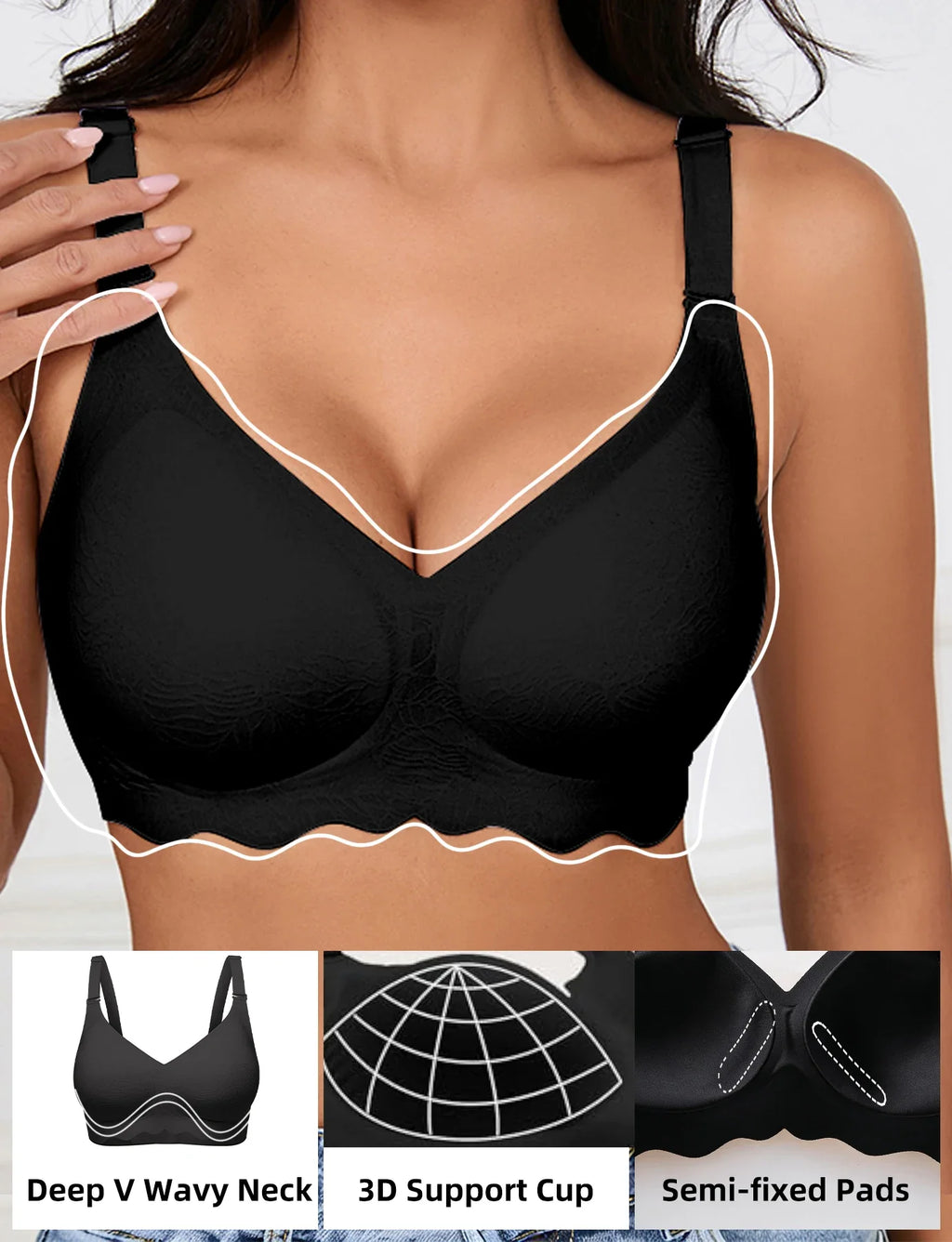 Women's Bra | V-Neck Enhances Neck Line, 3D Soft Air Support Comfort, Breathable Quick Rebound Fabric, U-Back Seamless Bralette