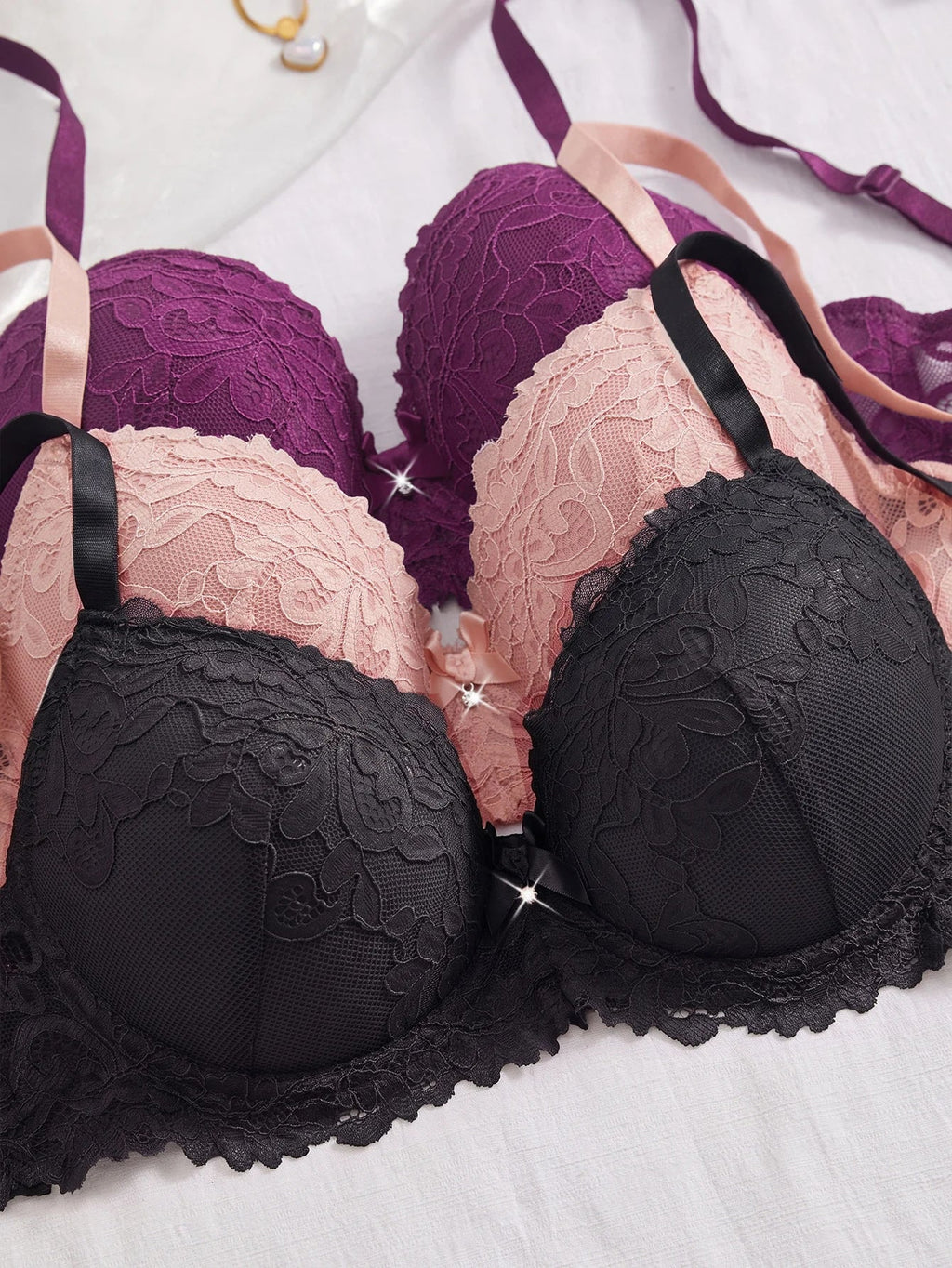 3Pcs Floral Lace Women's Underwear Set Daily Push-Up Bra Rhinestone Breathable Mesh Bra for Women