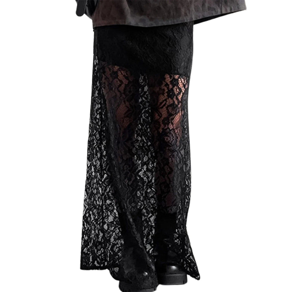 Women's Summer Lace Long Skirts Elegant Low Waist Solid Color See-Through Midi Skirts Slim Fit Skirts