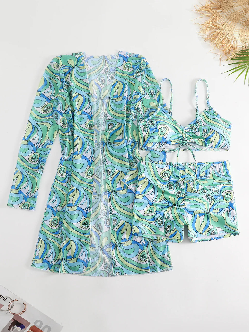 New Sexy 3 Pieces Suit for Women Neck Hanging Bikini Set+Cover-up Swimwear Sunproof Tankini High Waist Shorts Swimsuit Beachwear