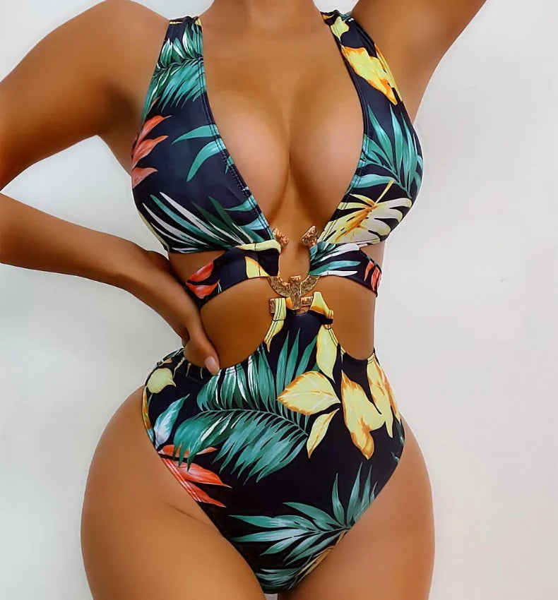 4 Colors New Sexy One Piece Swimsuit Swimwear Women Deep V-neck Hollow High Waist One-piece Bathing Suit Beachwear Metal Hoop