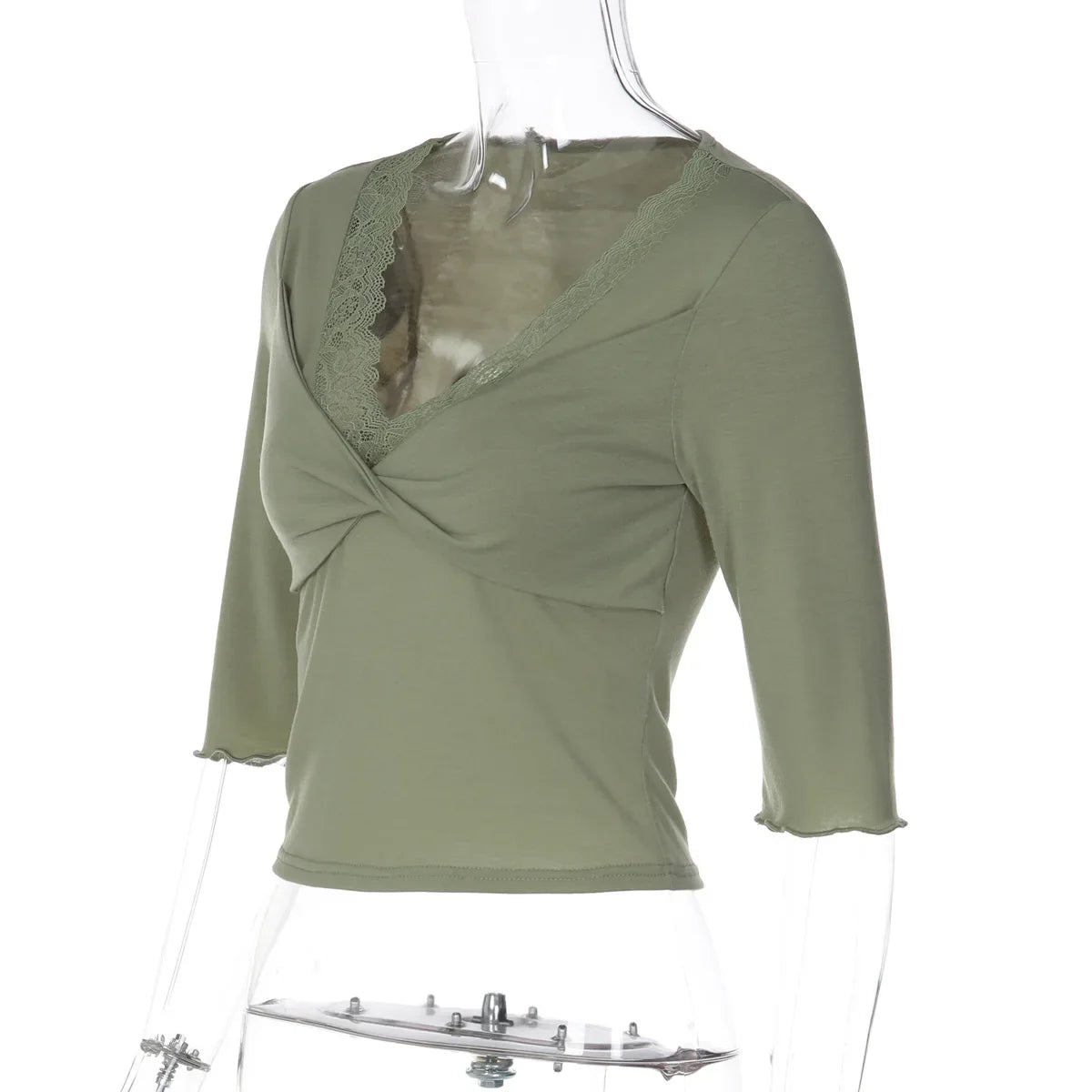 FDYOUI Women's T-shirt Tops Casual Fashion Lace Patchwork Green T Shirts Female Clothing V-neck Ruched Slim Crop Top Streetwear