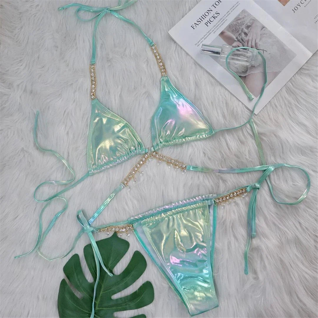 Diamond Rhinestones PU Faux Leather Bikini Female Swimsuit Women Swimwear Two-pieces Bikini Set Bather Bathing Suit Swim V5131