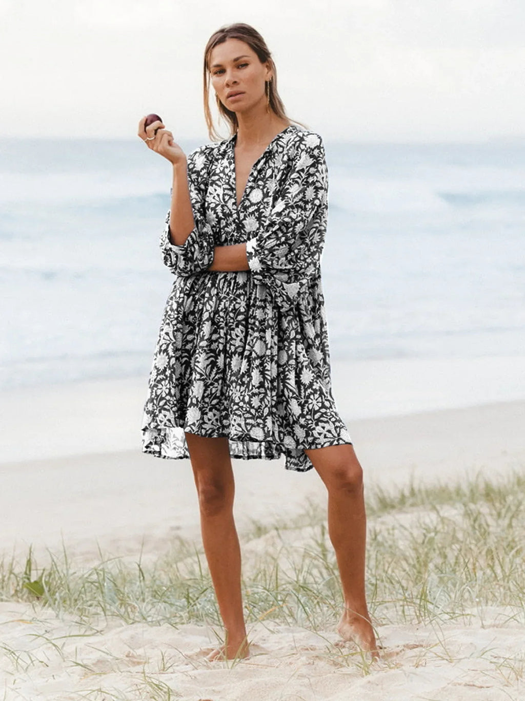 Foridol Lantern Half Sleeve Cyan Bohemian Beach Midi Loose Dress Summer for Women Tie Up Casual Floral Holiday Midi Vestidos