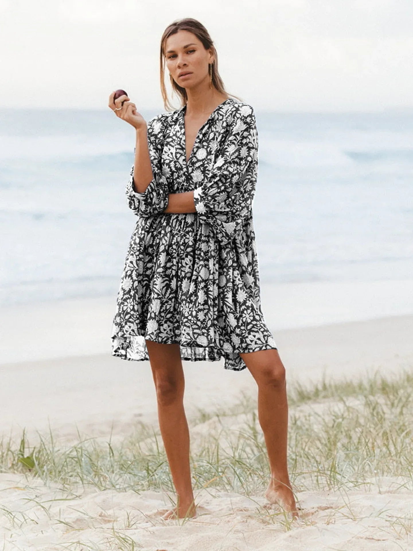 Foridol Lantern Half Sleeve Cyan Bohemian Beach Midi Loose Dress Summer for Women Tie Up Casual Floral Holiday Midi Vestidos