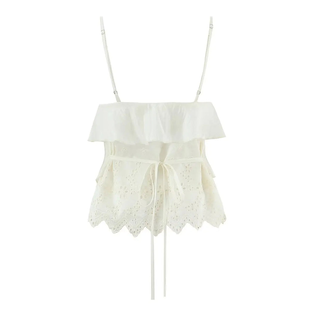 Women's Ruffled Lace Trim Loose Pants For Woman White Ruffled Embroidery Camisole Straps Button Front For Sweet Summer Look WM6E