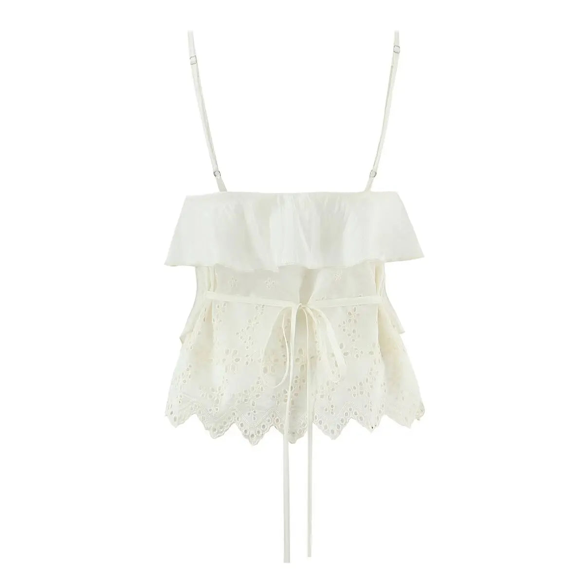 Women's Ruffled Lace Trim Loose Pants For Woman White Ruffled Embroidery Camisole Straps Button Front For Sweet Summer Look WM6E