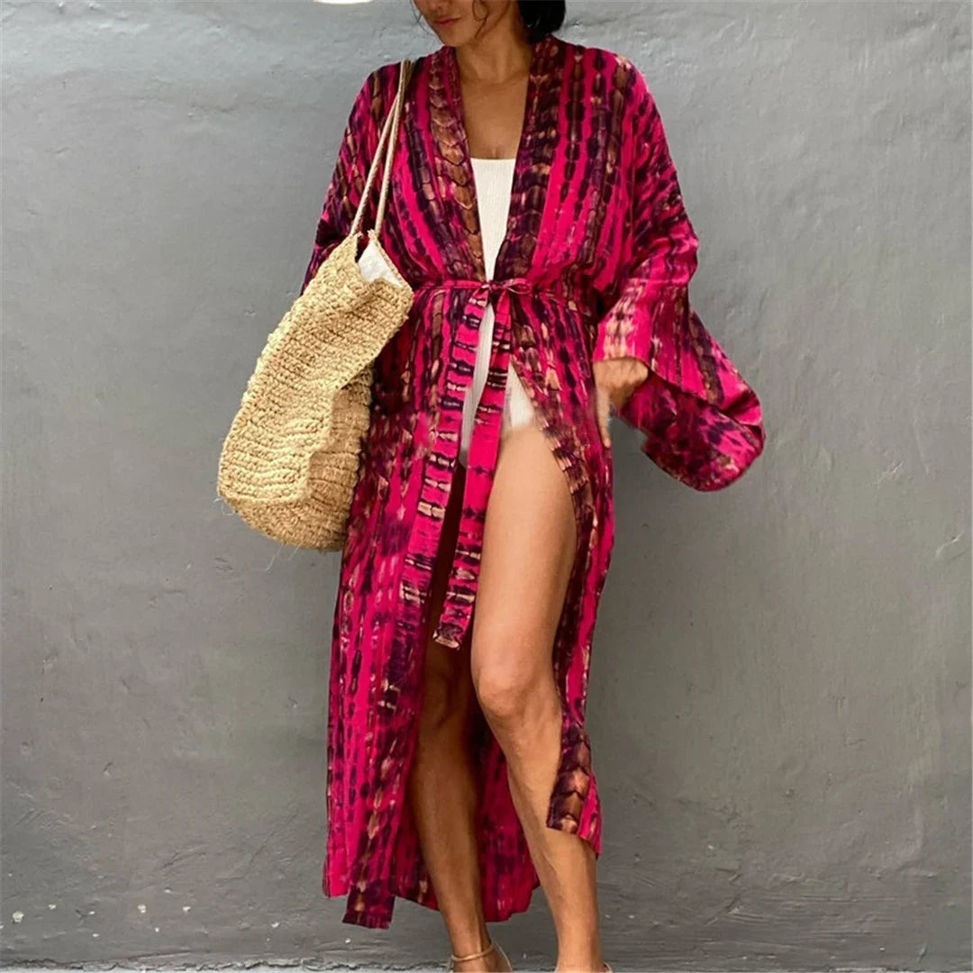 New 10 Colors Printed Long Sleeve With Belt Tunic Beach Cover Up Cover-ups Beach Dress Beach Wear Beachwear Female Women V4521