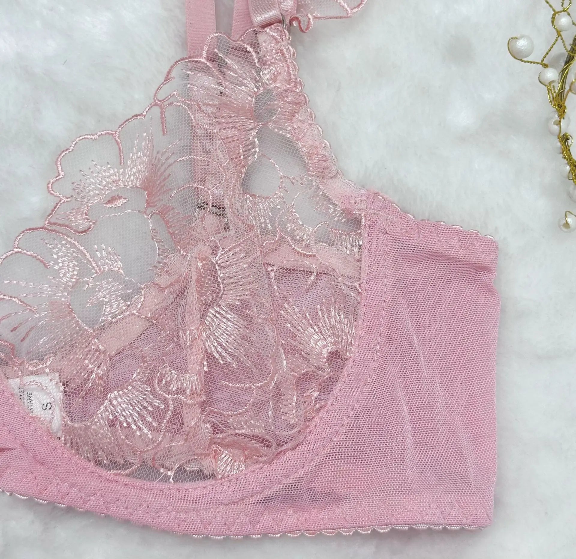 sexy lingerie embroidered see-through mesh bra with underwire four-piece set