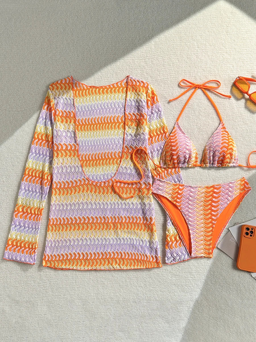 Print With Long Sleeve Cover Up Bikini Women Swimsuit Female Swimwear Three-pieces Bikini Set Bather Bathing Suit Swim Beachwear