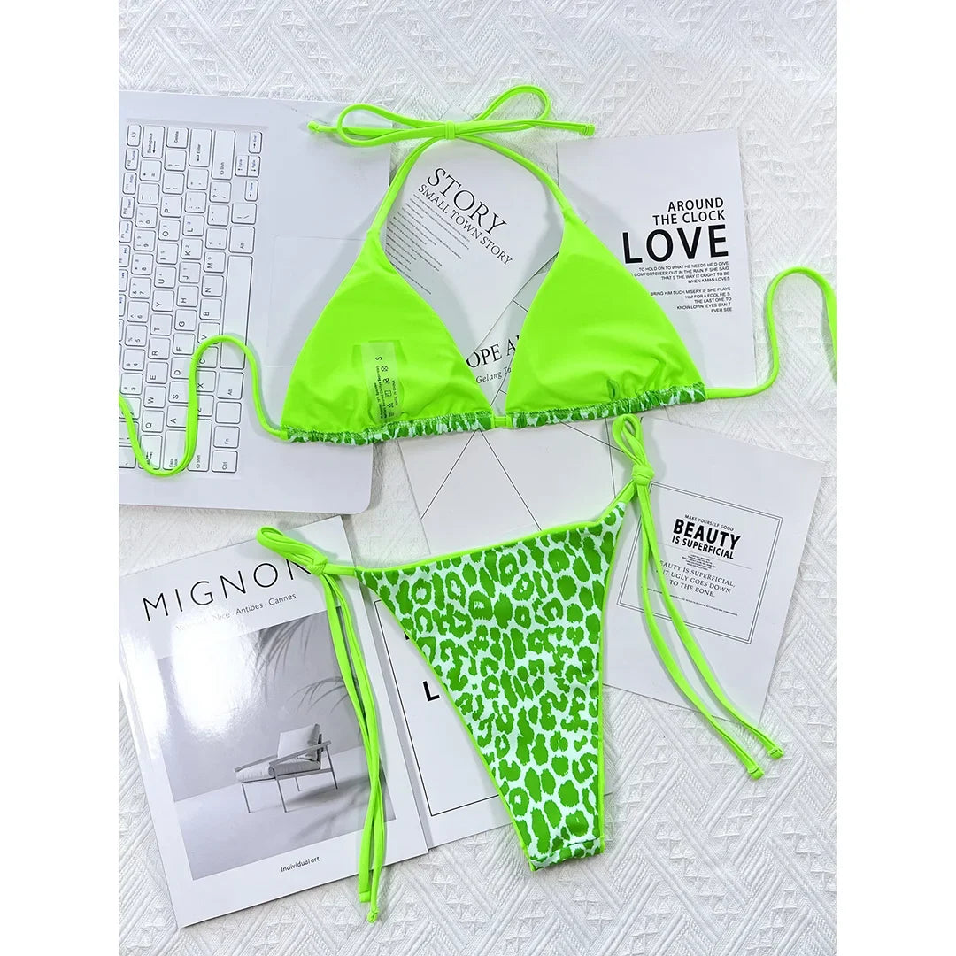 Sexy Leopard Printed Halter Brazilian Bikini Women Swimwear Female Swimsuit Two-Piece Bikini Set Bather Bathing Suit Swim V3681