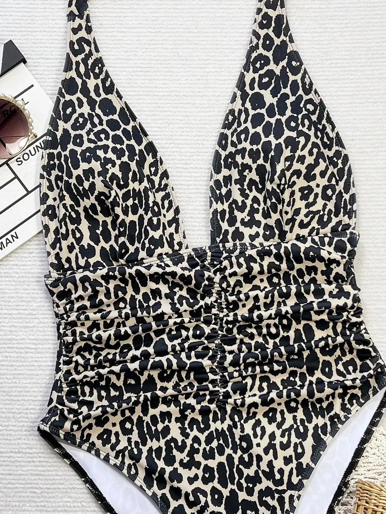 New Black Leopard Print One Piece Swimsuit Women Deep V Neck Slim Backless Bathing Suit Tummy Control Swimwear Monokini 2025
