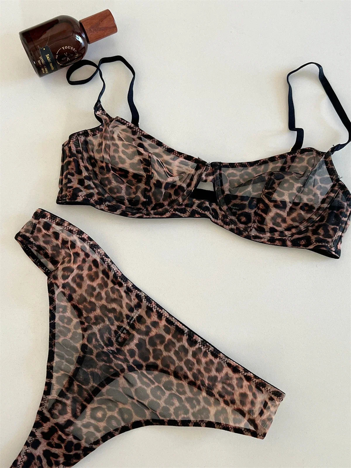 Seamless Leopard printed Bra Set See Through Sexy Lingerie Women Lace Underwear Attractive Intimate Sleepwear