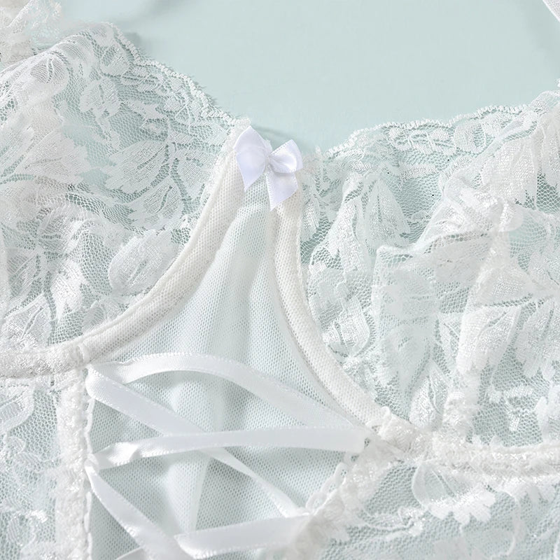 Sexy WhiteTulle Nightdress Woman Lingerie & Thong  V-neck Open Sleep Skirt Erotic Pajamas Garter Dress Set See Through Nightwear