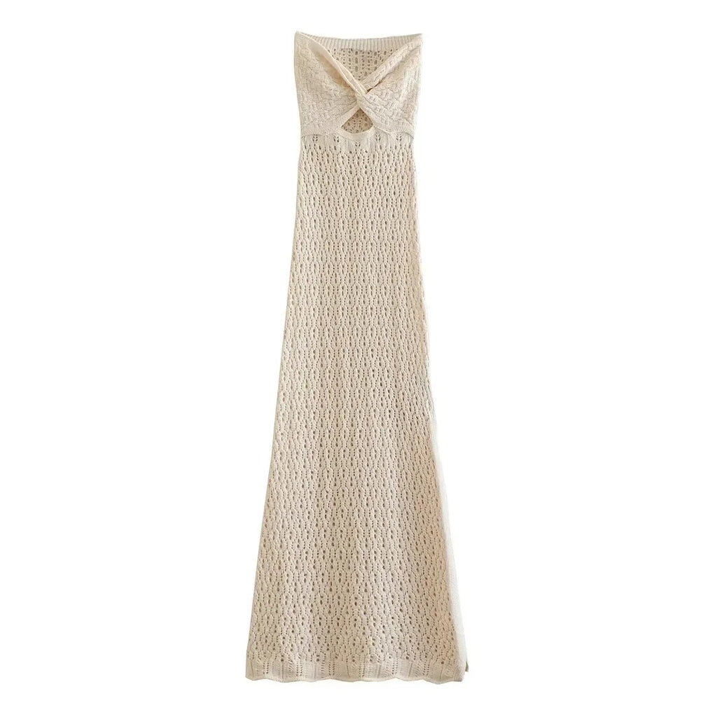 Foridol Bowknot Off Shoulder Knitted Summer Autumn Beach Dress Hollow Out Side Slit Maxi Long Sexy Sundress Bohemian Boho Dress