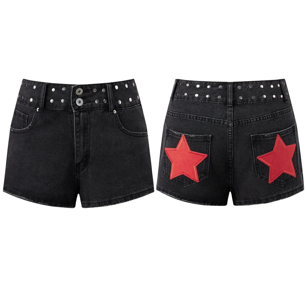 Summer Women Denim Shorts with Stars Patch Pockets Riveted Waisted Slim Fit Jeans Shorts Daily Casual Hot Short Pants Streetwear