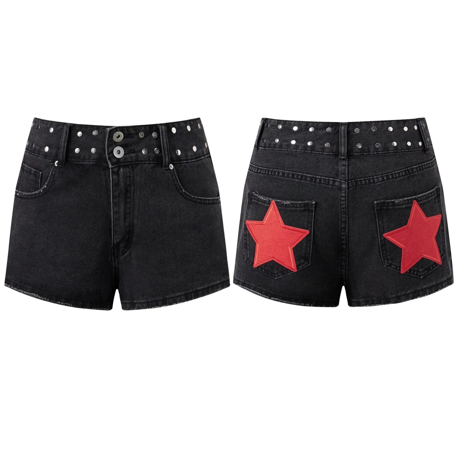 Summer Women Denim Shorts with Stars Patch Pockets Riveted Waisted Slim Fit Jeans Shorts Daily Casual Hot Short Pants Streetwear