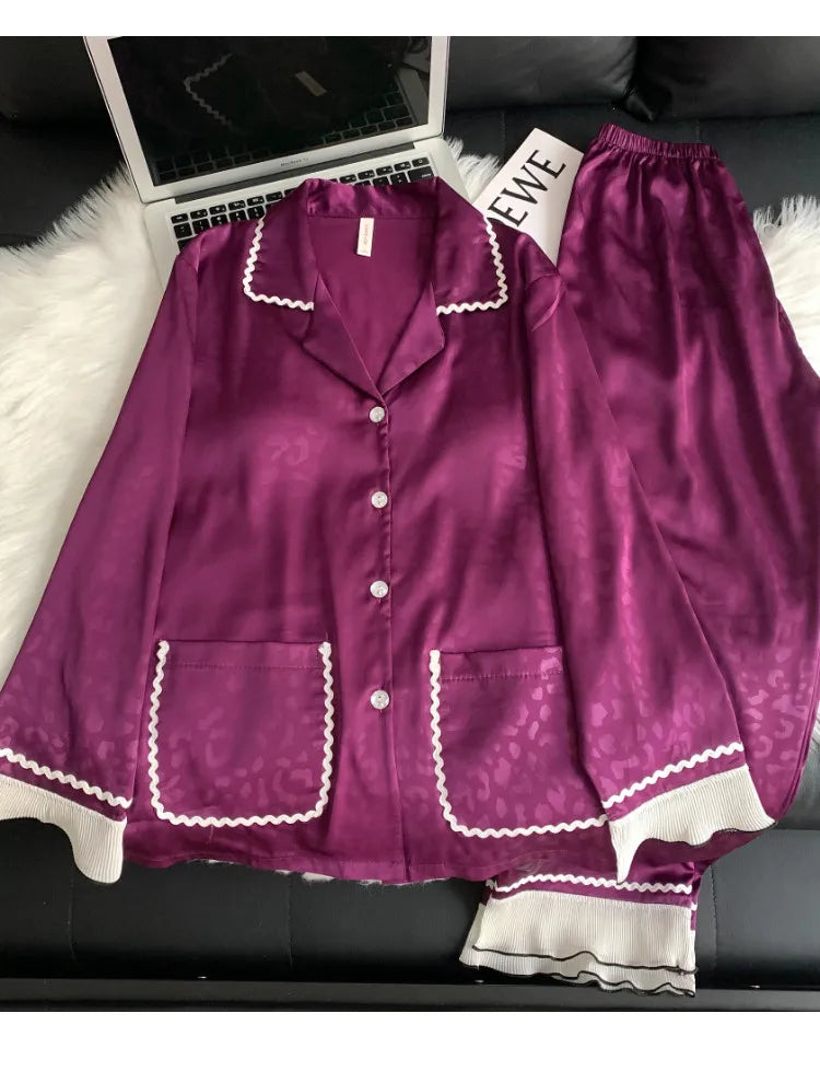 Spring and summer women's pajamas lace sweet cardigan long-sleeved suit home wear