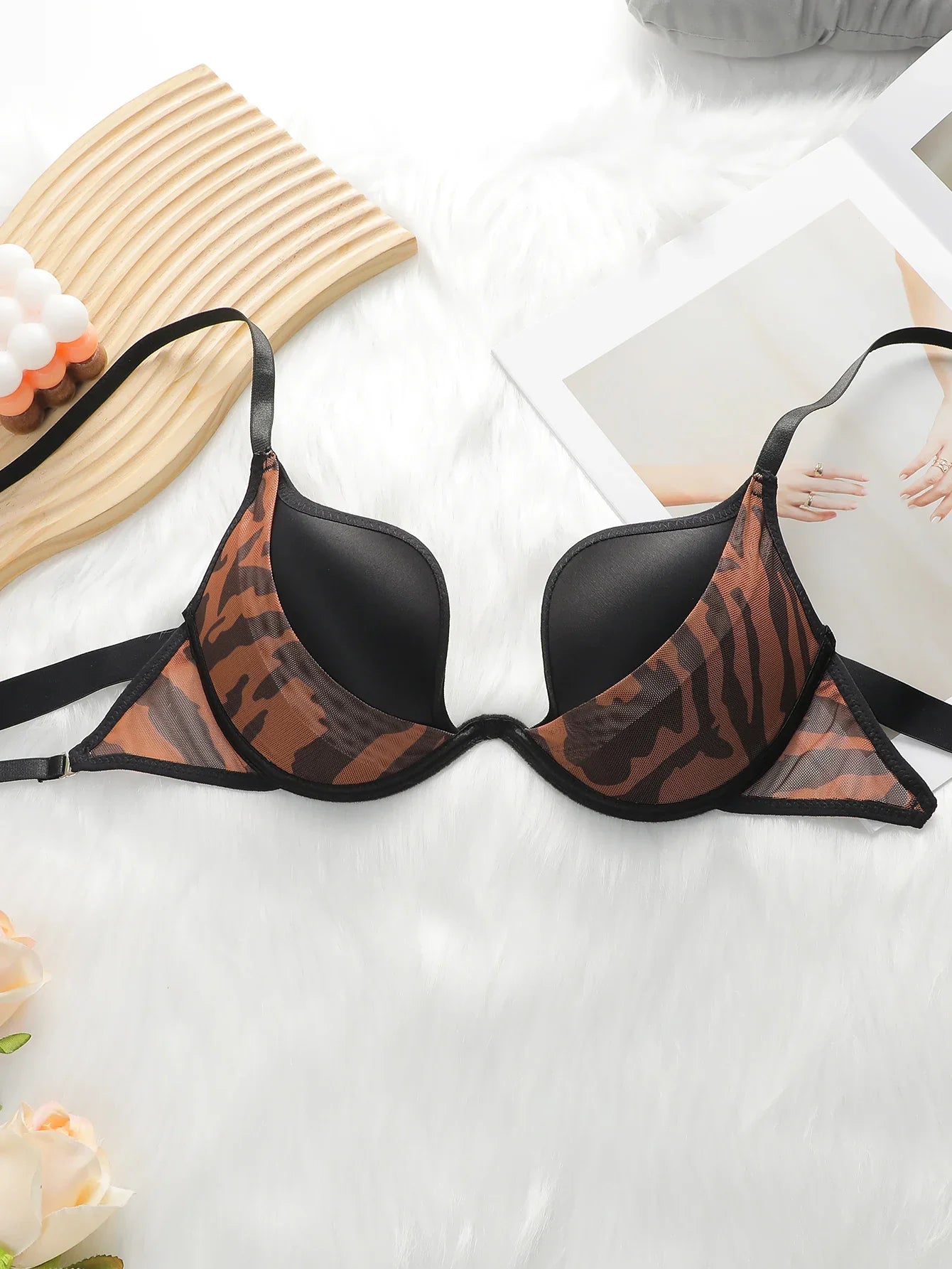 Women's Sexy Leopard Pattern Mesh Hollow Underwear Set Steel Ring Gathering Push Up Bra Women's Daily Underwear Set J2750