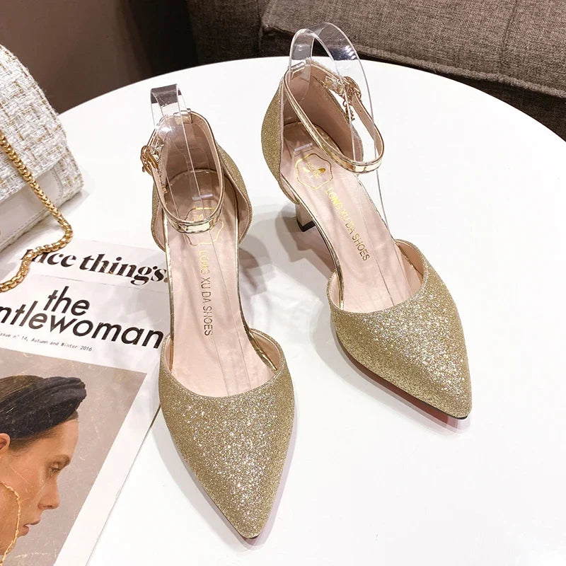 ZOKI Bling Gold Silver Women's Pumps 2024 Sexy Point Toe Thin Heel Party Wedding Shoes Woman Summer Ankle Strap High Heels Shoes