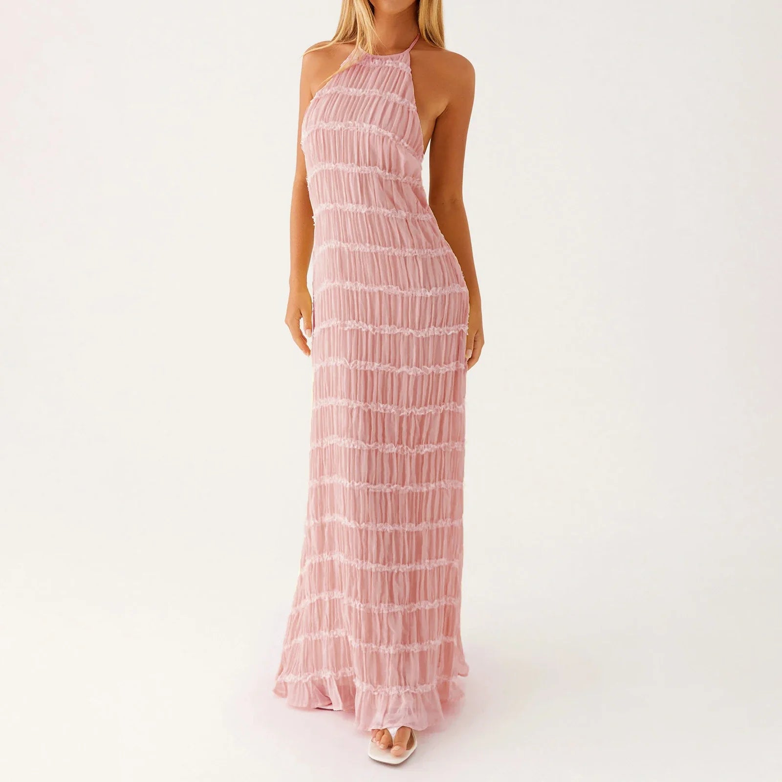 Women Ruched Cocktail Dress Elegant Party Bodycon Dresses Female Long Dress Summer Sleeveless Backless Solid Dress Vestidos