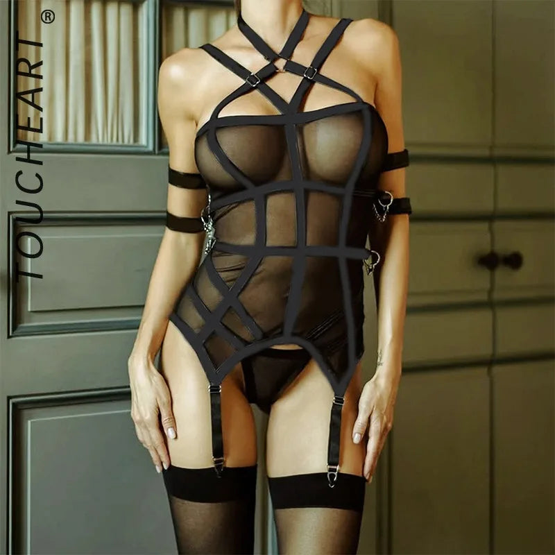 Toucheart Erotic Lingerie Fashionable See-through Mesh Complex Craft Waist Halterneck Women Luxurious Sexy Suit with Leg Socks