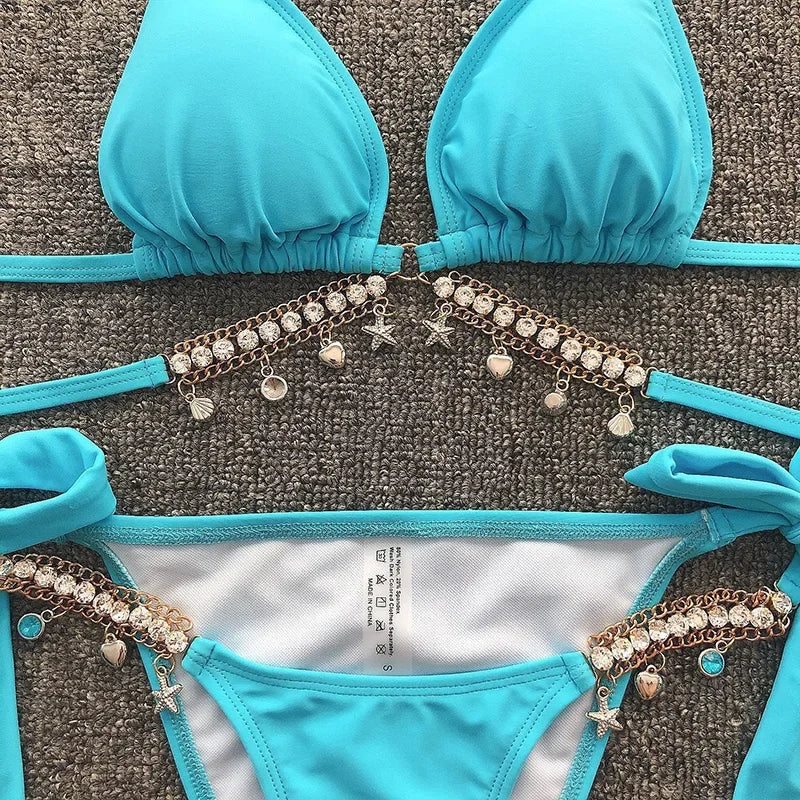 Wrap Around Halter Metal Chains Bikinis 2025 Diamond Bikini Women Swimsuit Female Swimwear Two Pieces Bikini set Bathing Suit
