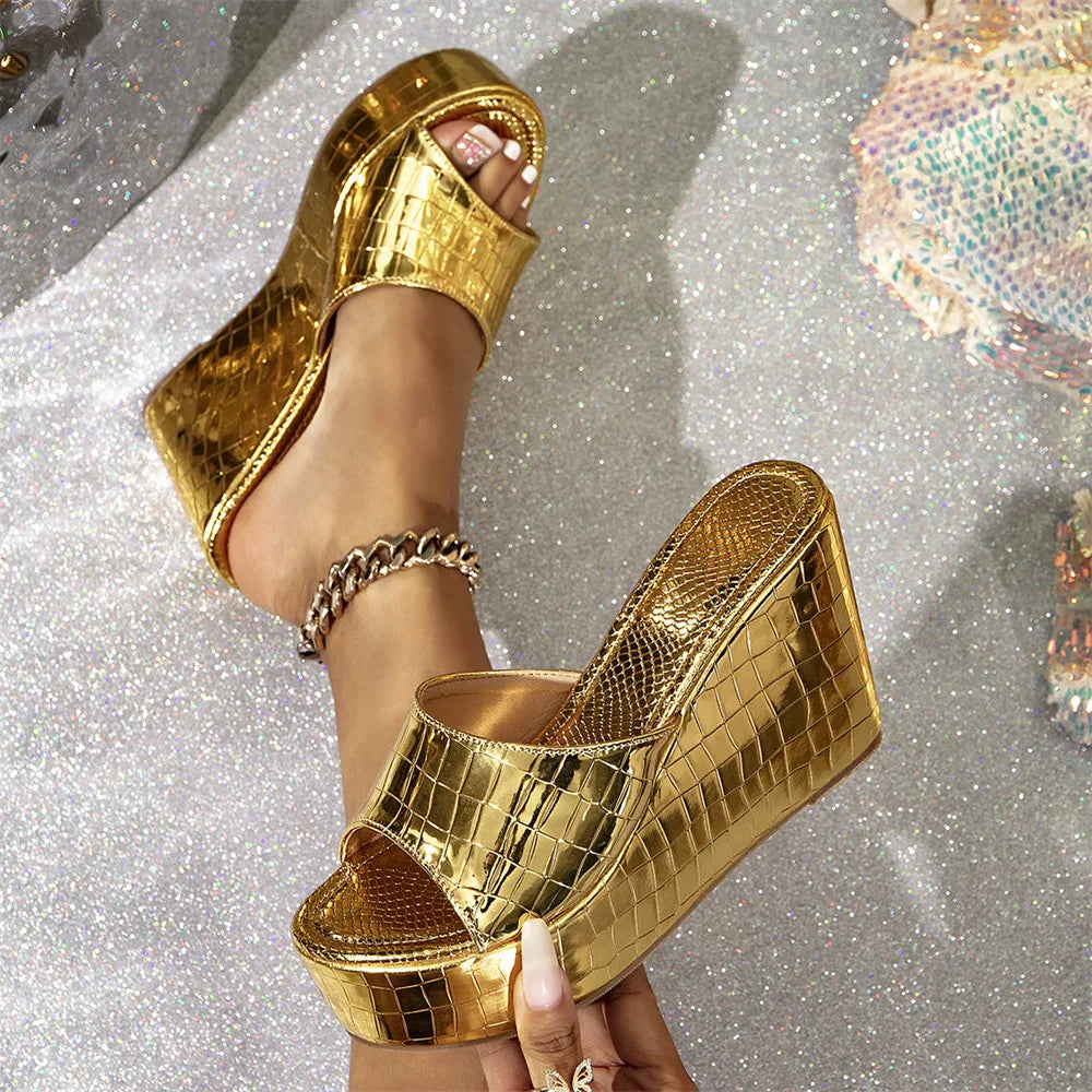 2026 EUR Size 43 Silver Platform Sandals Women Chic Comfy Walk Gold Chunky High Heels Wedges Sandals Shoes Slip-on Mules Sandals