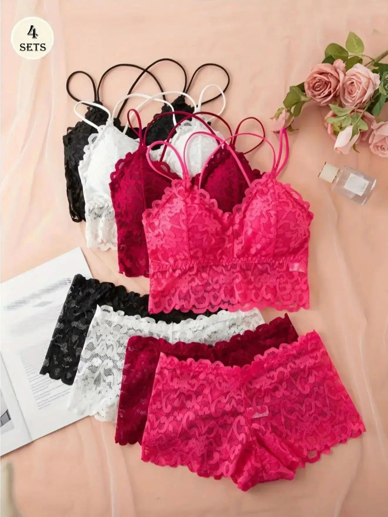 Women Lace Underwear Set Bralette Low Rise Panties Nonwire Padded Bra Solid Color Female Sexy Lingerie Comfort Intimates
