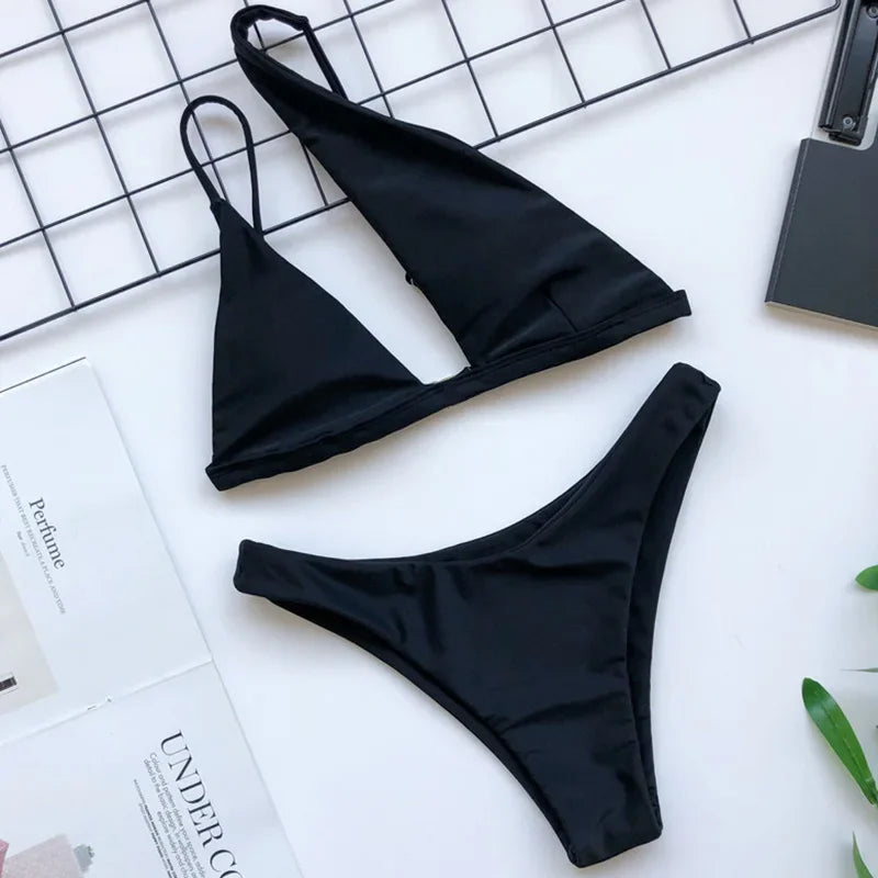 2026 Asymmetric One Shoulder Bikini Women Swimsuit Female Swimwear Two Pieces Bikini Set Hollow Out Bathing Suit Swim Beach Wear