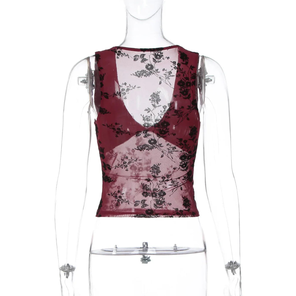 FDYOUI Sexy V-neck Floral Tank Tops for Women 2026 Summer Sleeveless T-shirt Ladies See-through Mesh Corset Top Black Wine Red