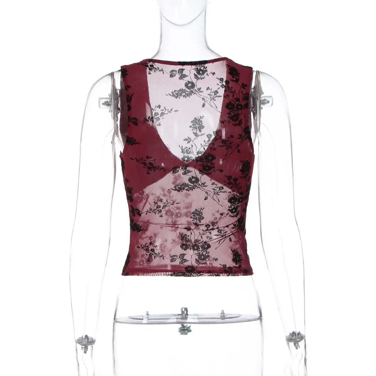 FDYOUI Sexy V-neck Floral Tank Tops for Women 2026 Summer Sleeveless T-shirt Ladies See-through Mesh Corset Top Black Wine Red