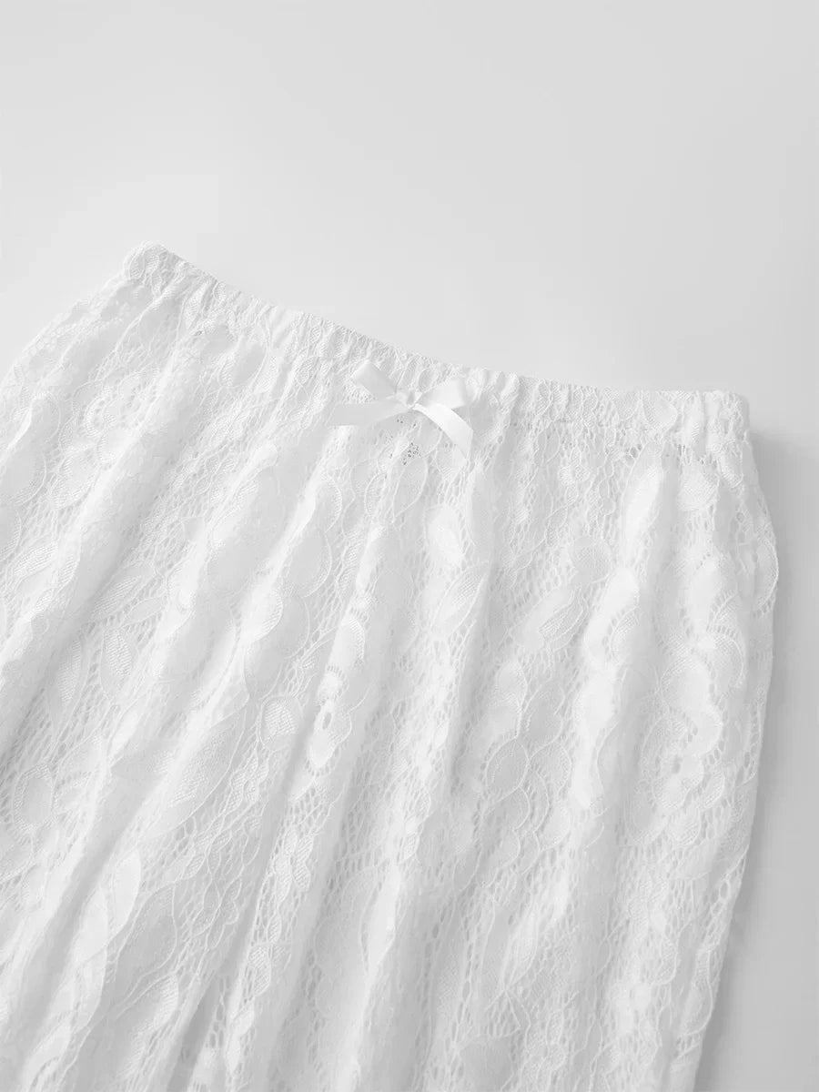 Women Summer Lace Ruffle Capri Leggings Solid Color Sheer Mesh Elastic High Waist See Through Pants