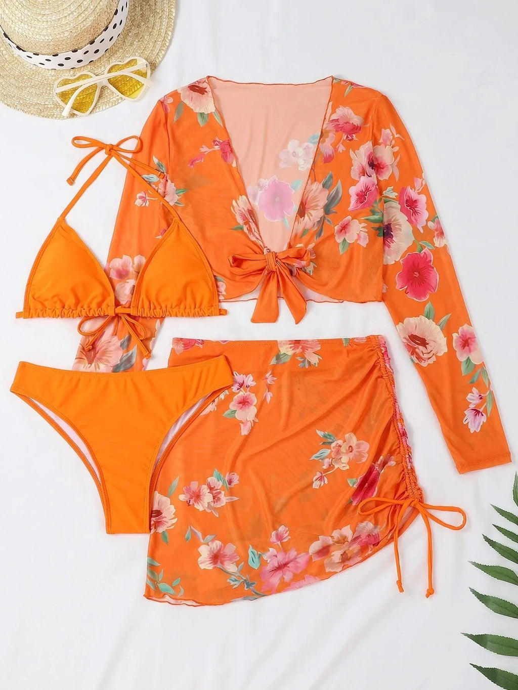 2026 Summer Women's 4 Pieces Suit Swimwear Neck Lace-up Bikini Set+crop Top+skirts Floral Print Gauze Swimsuit Beachwear Biquini