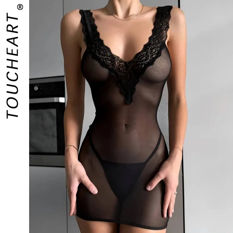 Toucheart 2PCS Lace See-through Hollow Out Sexy Interesting Thin Model Pajamas Panty Slim High Waisted Women Sexy Pajamas Set